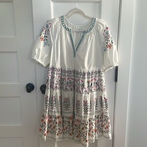 Crown & Ivy Cream Dress with Teal Embroidery size M